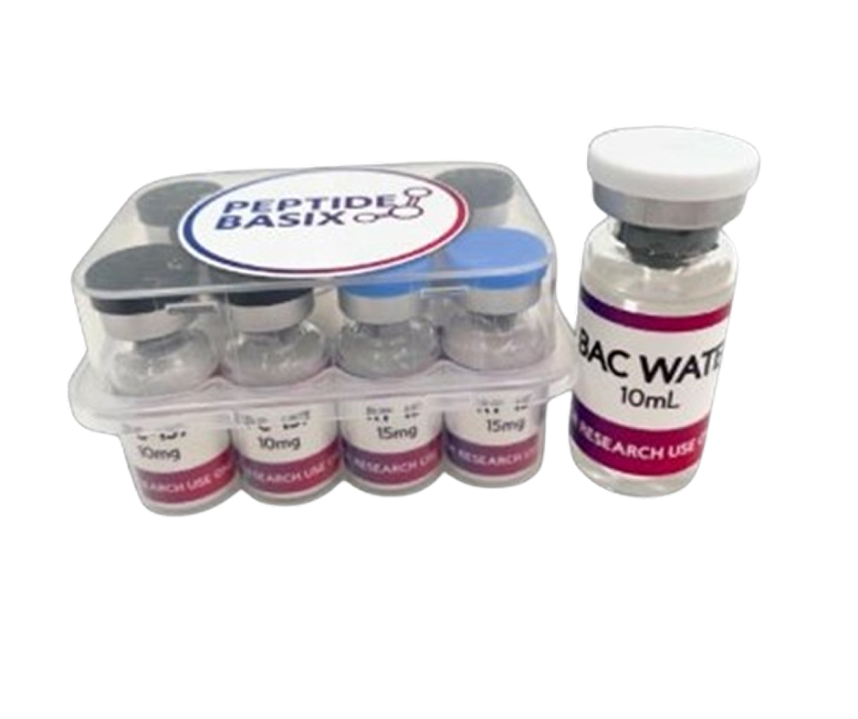 A clear plastic case containing multiple vials labeled 'Peptide Basix' with varying doses (10mg and 15mg), and a separate vial of 'BAC Water 10 mL' next to it. The case is labeled with the Peptide Basix logo, and the vials are marked 'For Research Use Only.