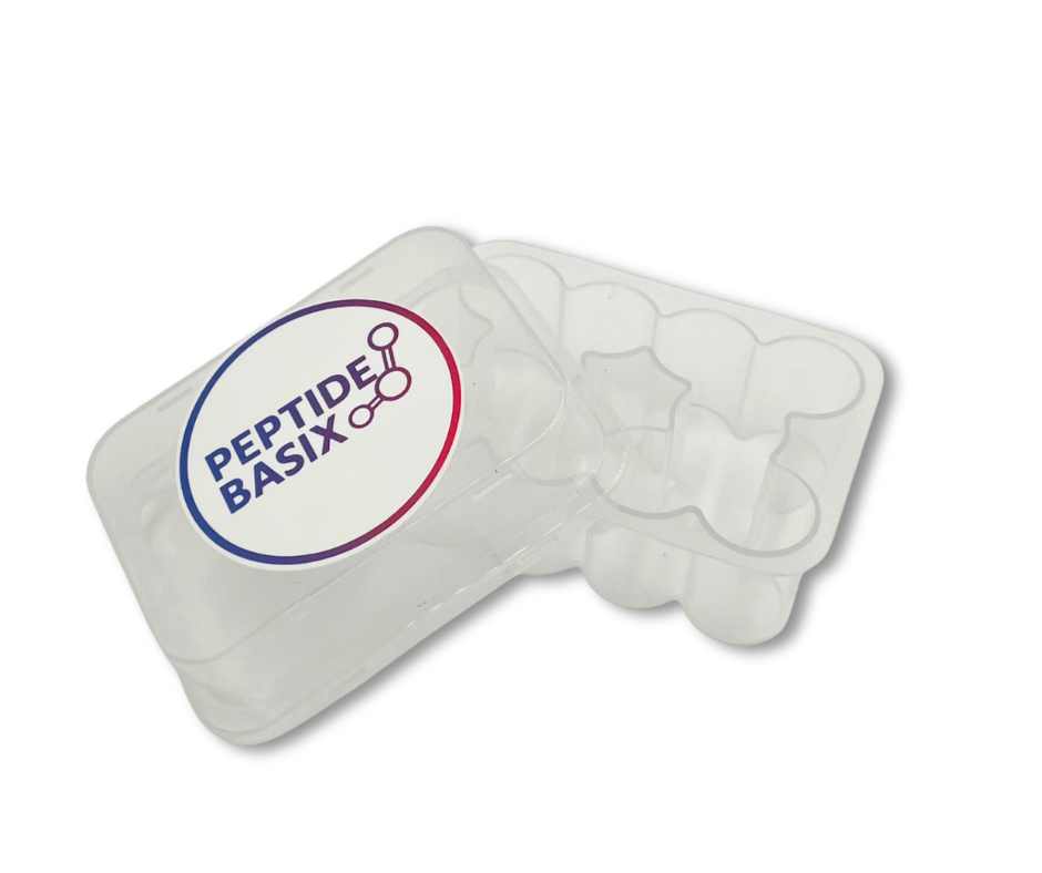 A clear plastic case with a 'Peptide Basix' logo on the lid. The case is designed to hold multiple vials and is partially open, showing the compartments inside.