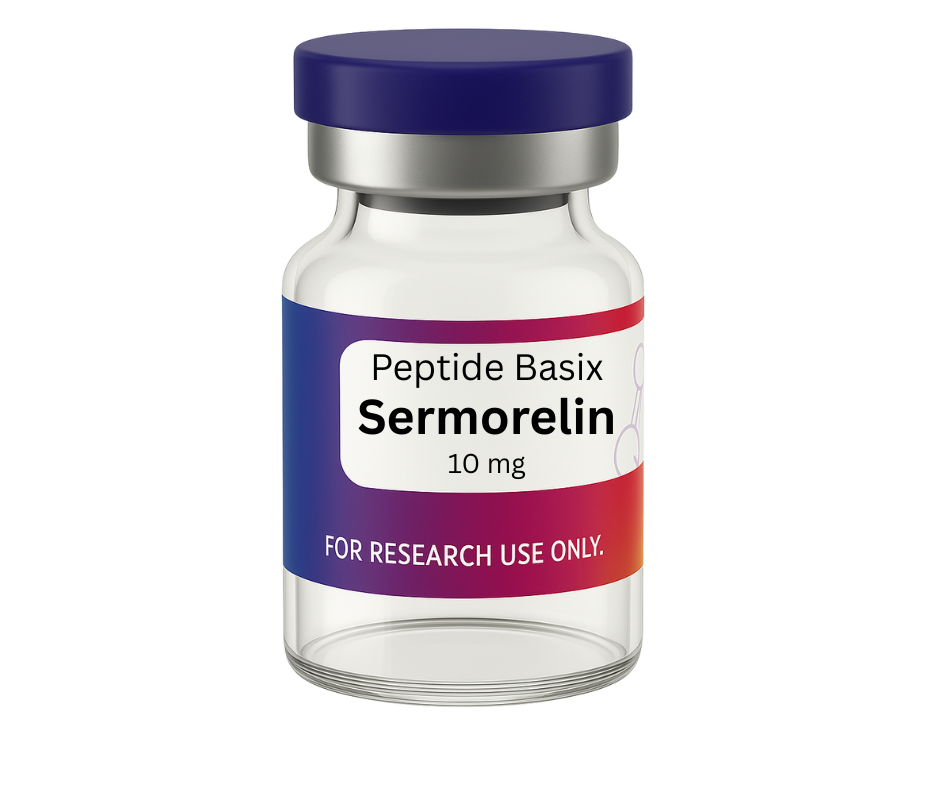 A glass vial with a blue cap labeled 'Peptide Basix Sermorelin 10 mg' with the text 'For Research Use Only' at the bottom. The vial is displayed with a gradient background.