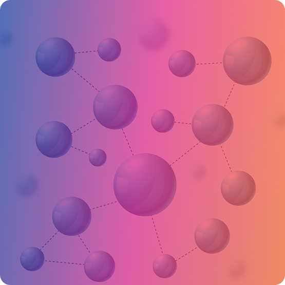 A digital illustration of connected molecules represented by spheres, with a gradient background transitioning from purple to pink.