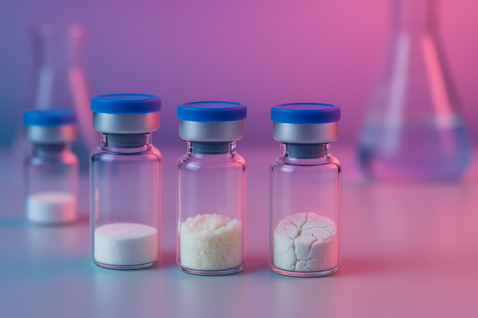Four small laboratory vials containing different types of lyophilized powders, arranged in a row with a blurred laboratory flask in the background, under soft pink and purple lighting.