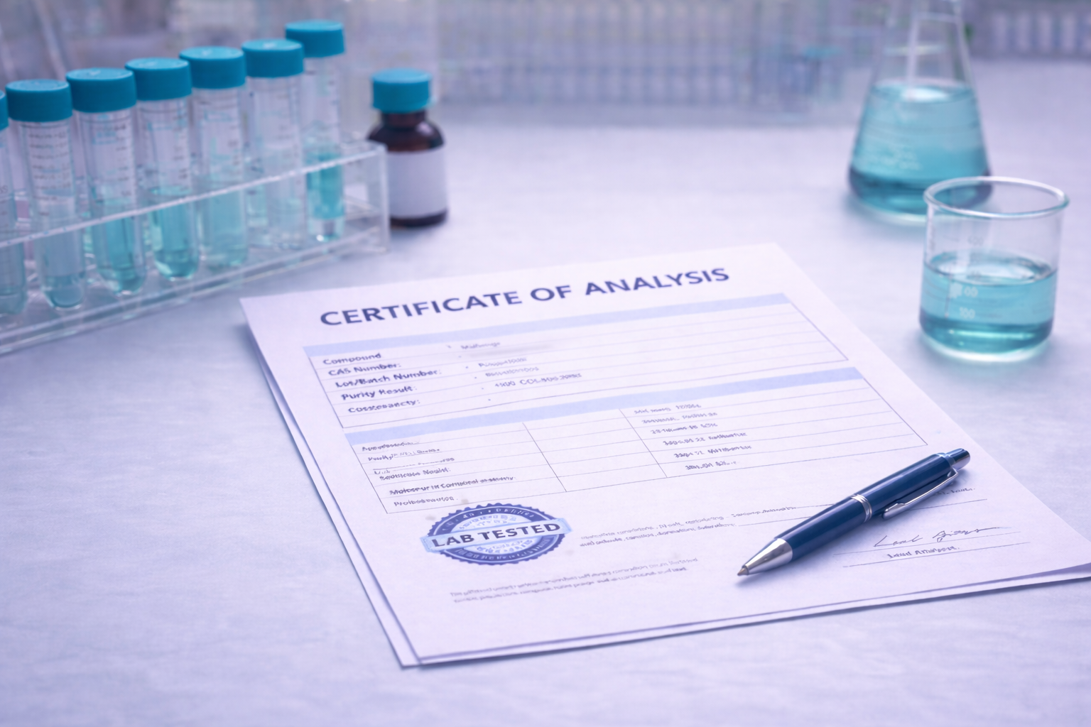 Certificate of Analysis (COA) document used for research peptide testing