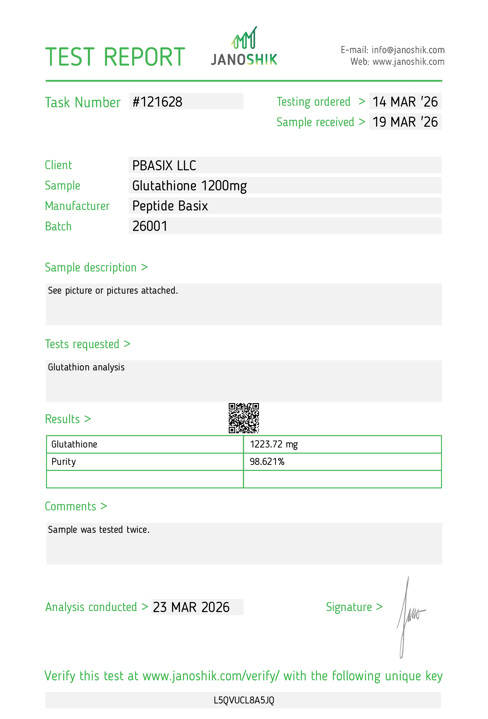 Glutathione 1200mg third-party test results showing purity and content