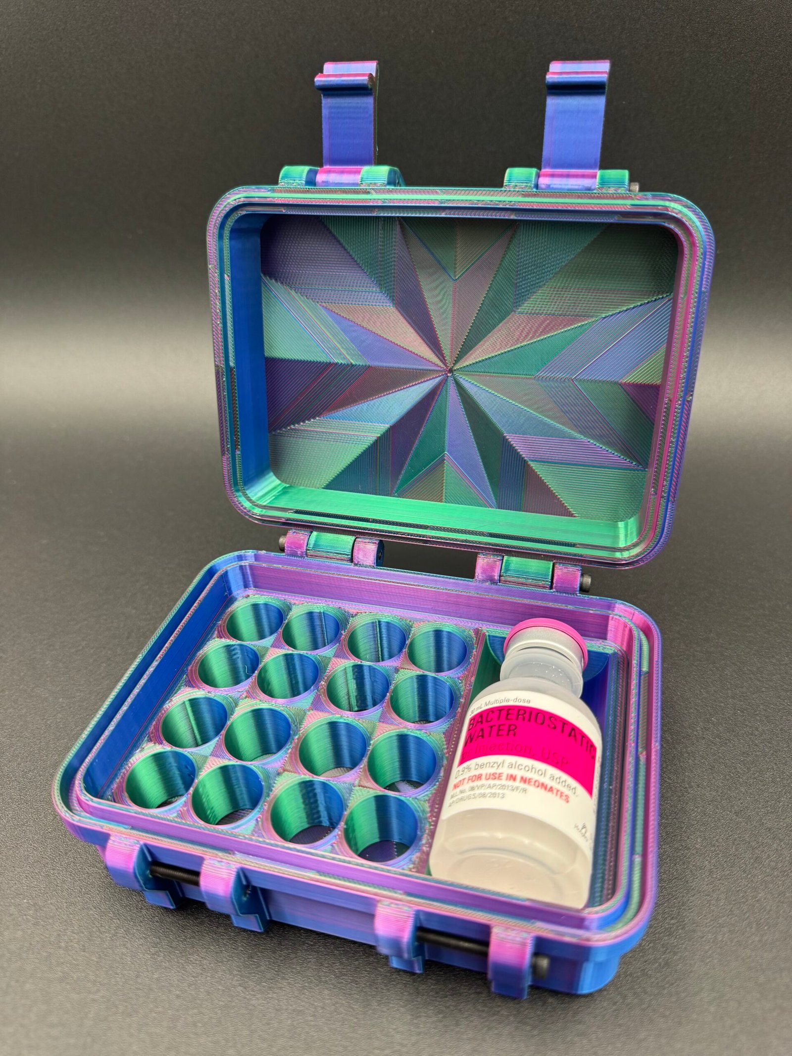 16 slot research storage case with BAC water holder and starburst lid design