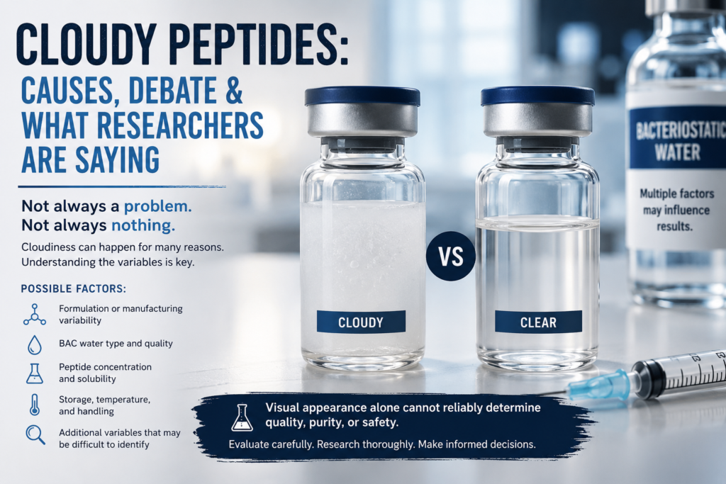 Cloudy peptide vs clear peptide reconstitution comparison with research peptide discussion graphic