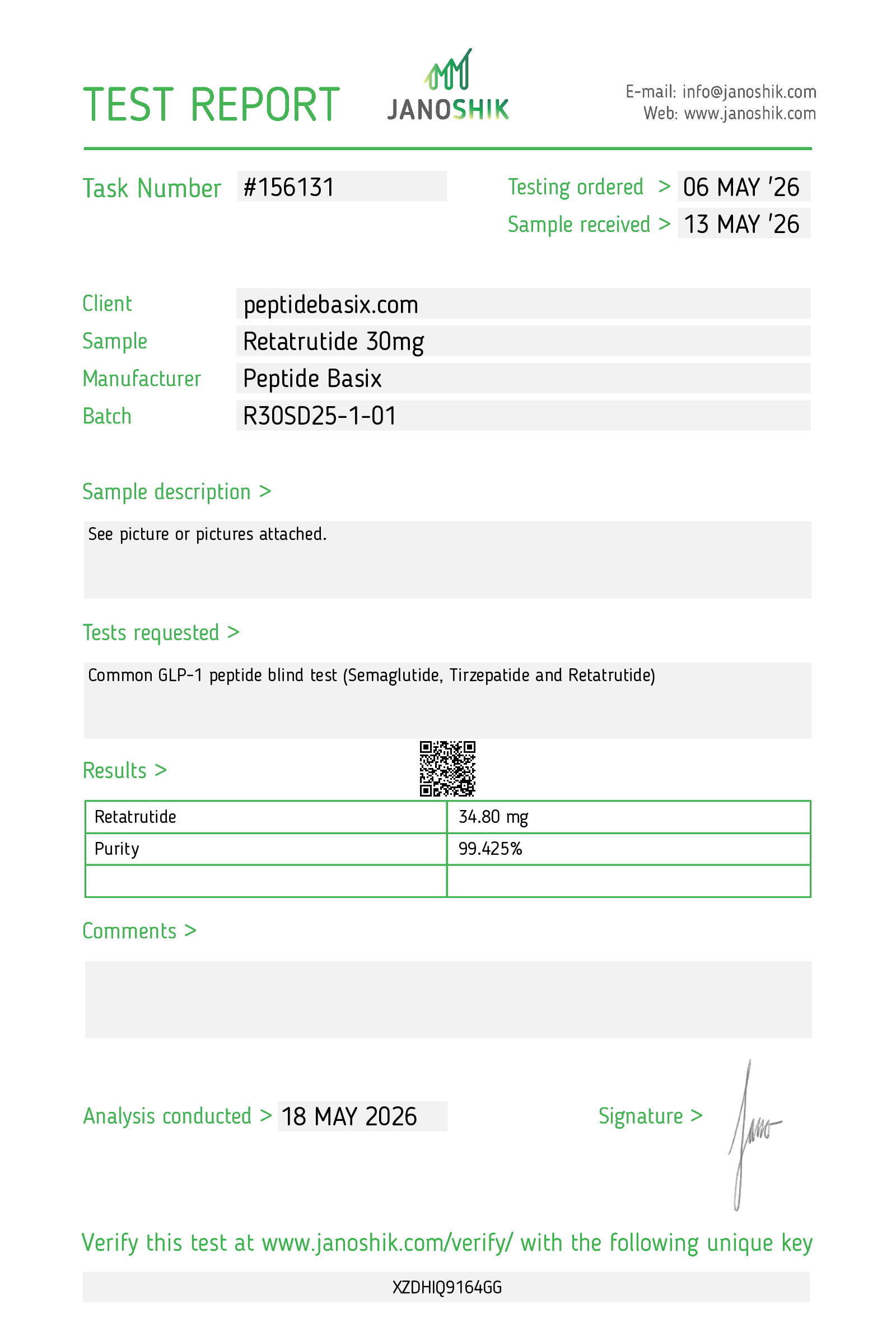 Retatrutide 30mg COA Janoshik